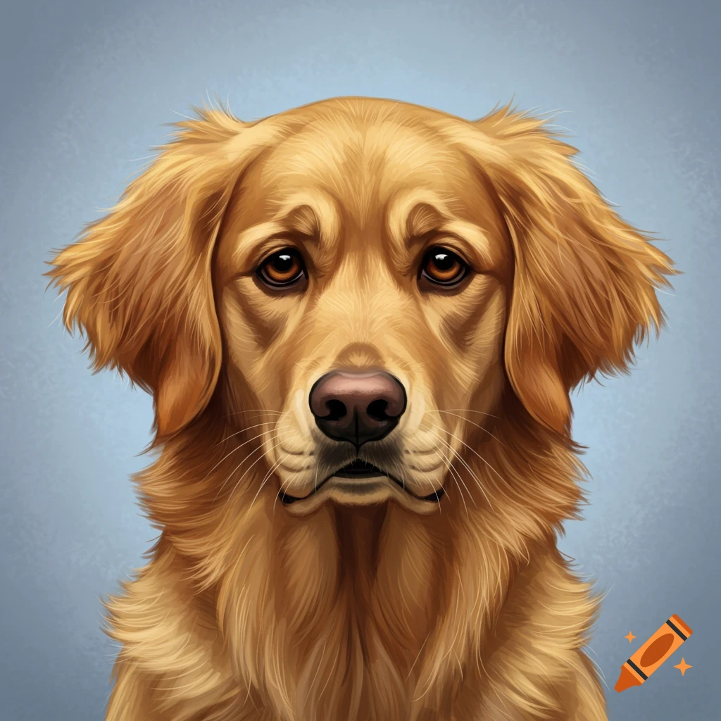 Picture of a golden retriever dog looking at the camera with a slight frown.
