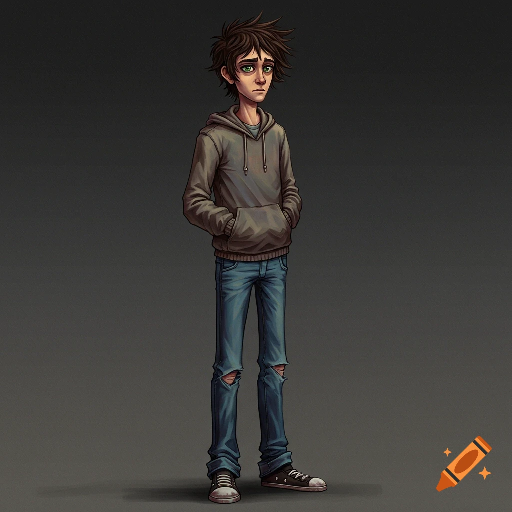 A stylized digital illustration of a young man with messy brown hair and green eyes, wearing a hoodie, ripped jeans, and sneakers, standing with hands in pockets.