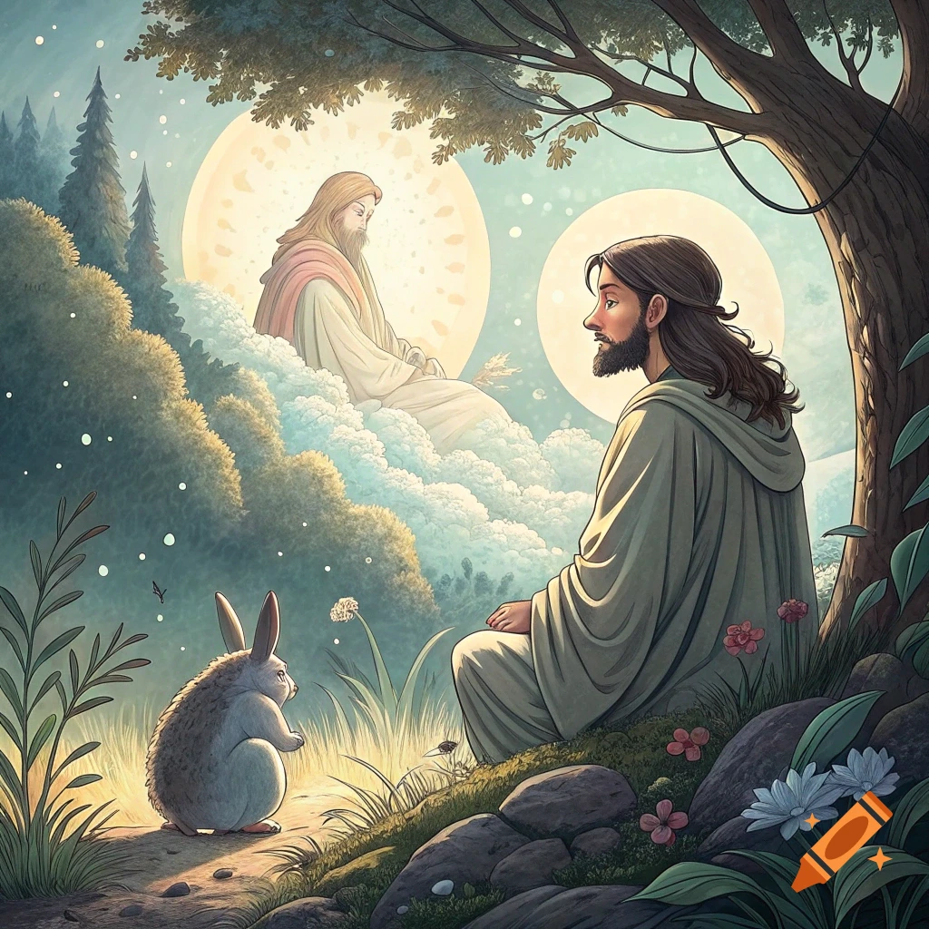 An illustration of Jesus sitting under a tree with a rabbit nearby, and another figure resembling him in the sky.