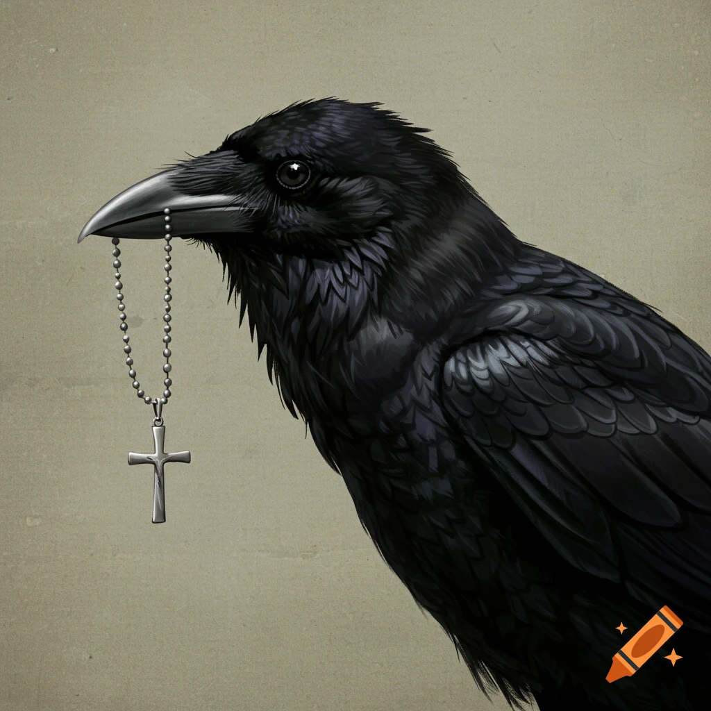 A black crow holds a silver cross necklace in its beak.