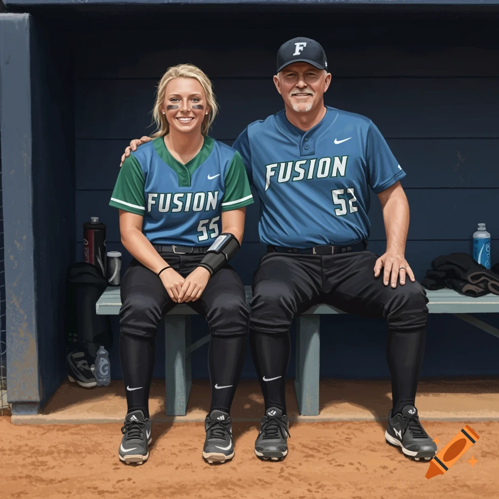 A young woman and an older man in softball uniforms are sitting on a bench in a dugout.