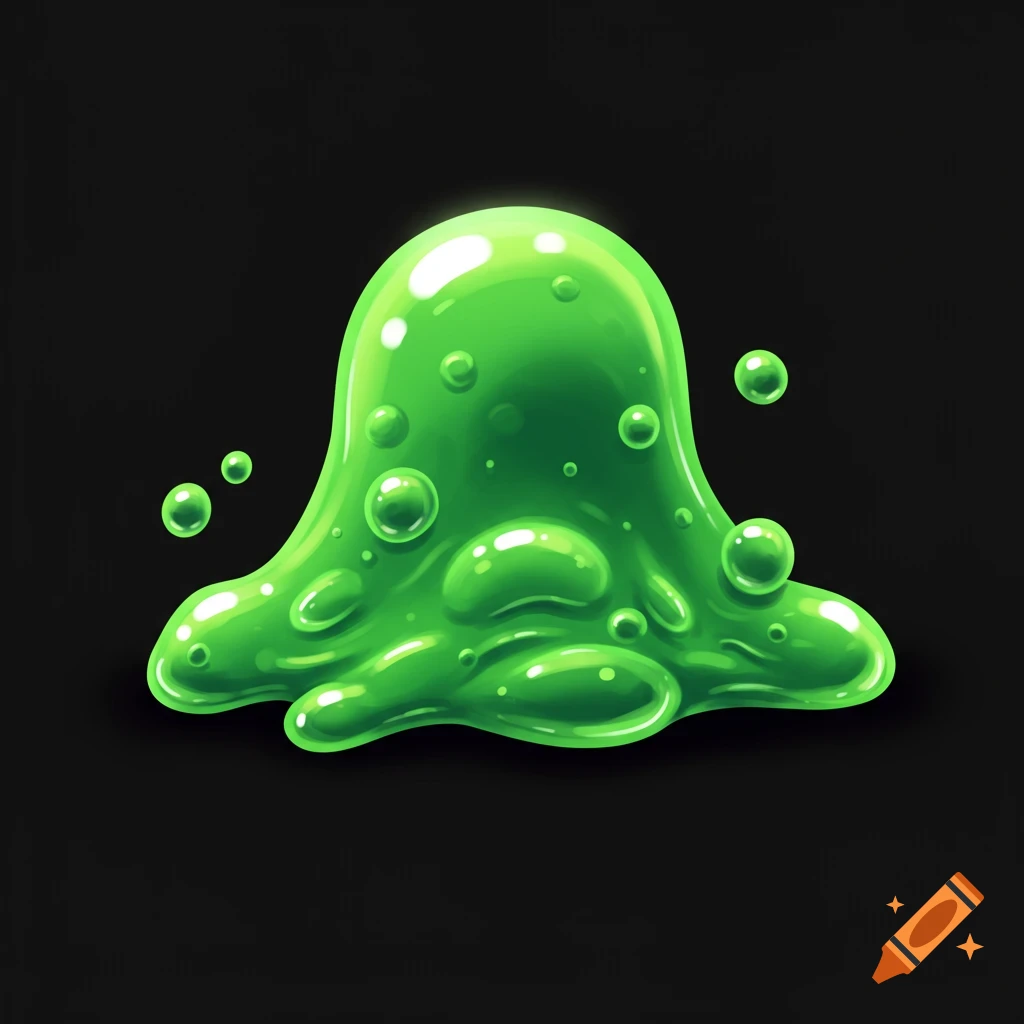 A vibrant green slime creature with bubbles and highlights on a black background.