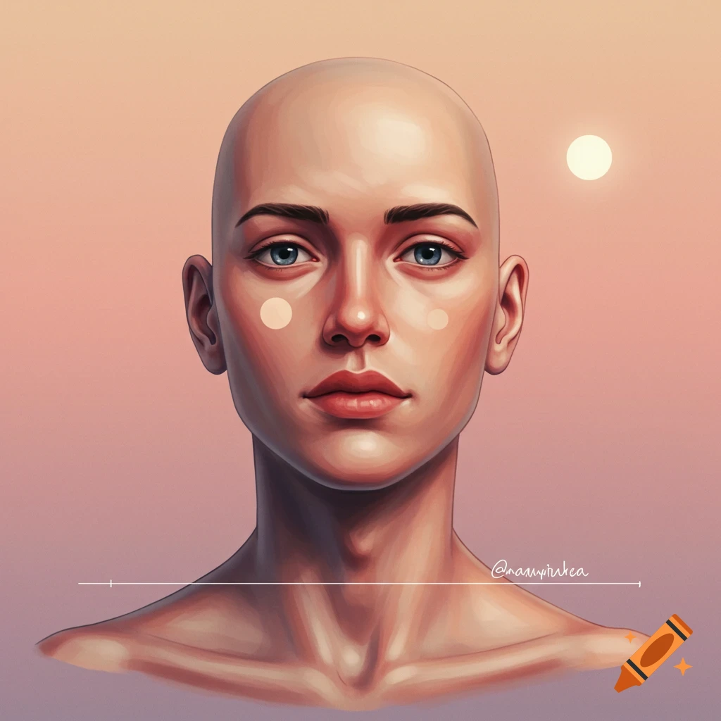 Head and shoulders of a bald person against a pastel sky with a sun. Blue eyes, light circles on cheeks.