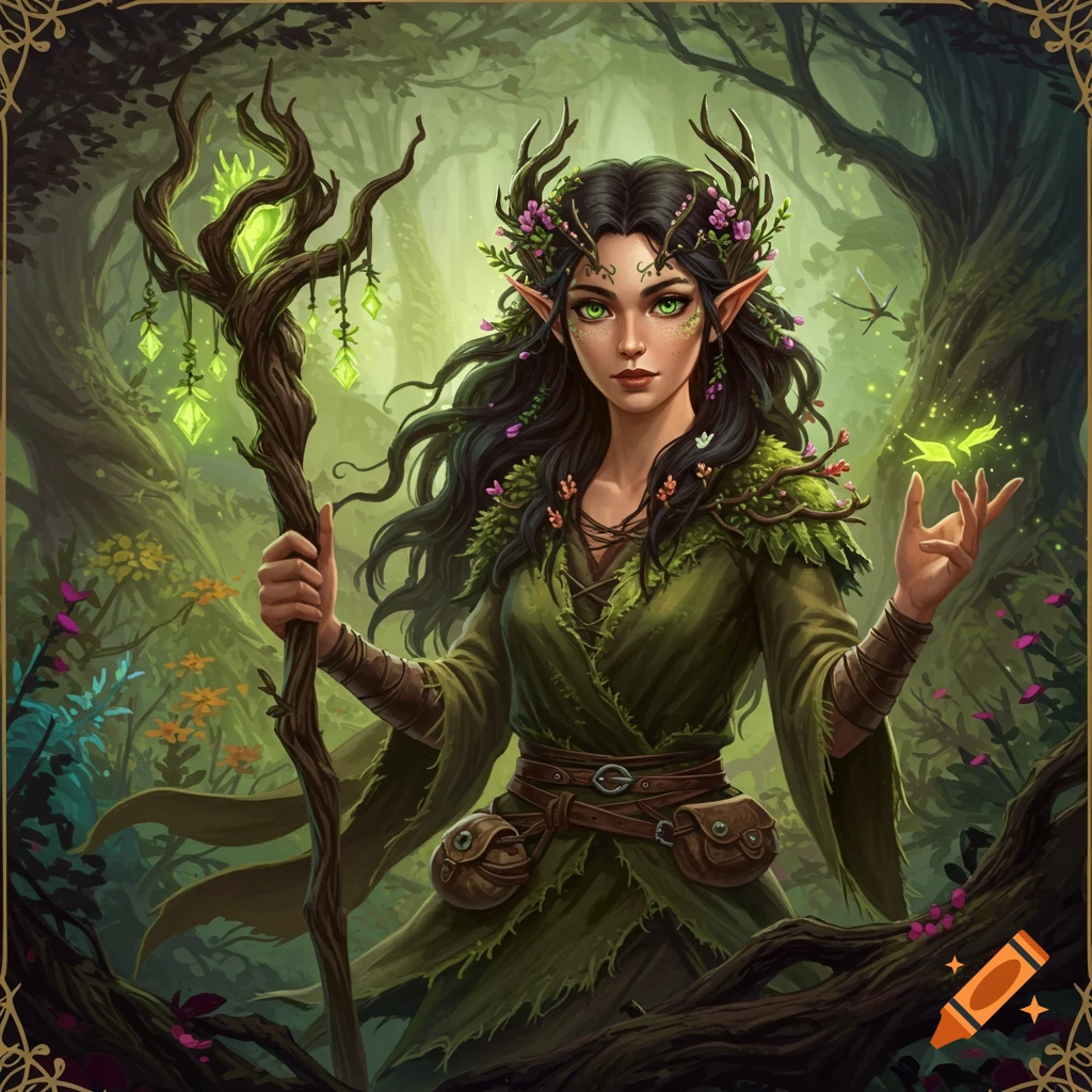 A forest witch with antlers and a staff stands in a magical forest.
