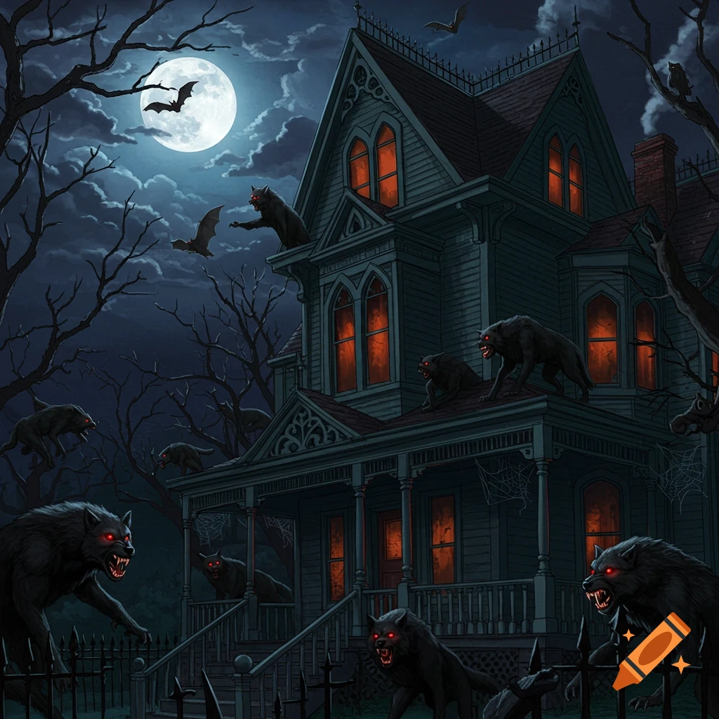 A spooky haunted house with werewolves and bats under a full moon at night.