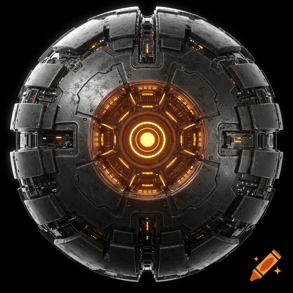A detailed mechanical sphere with a glowing orange core on a black background.