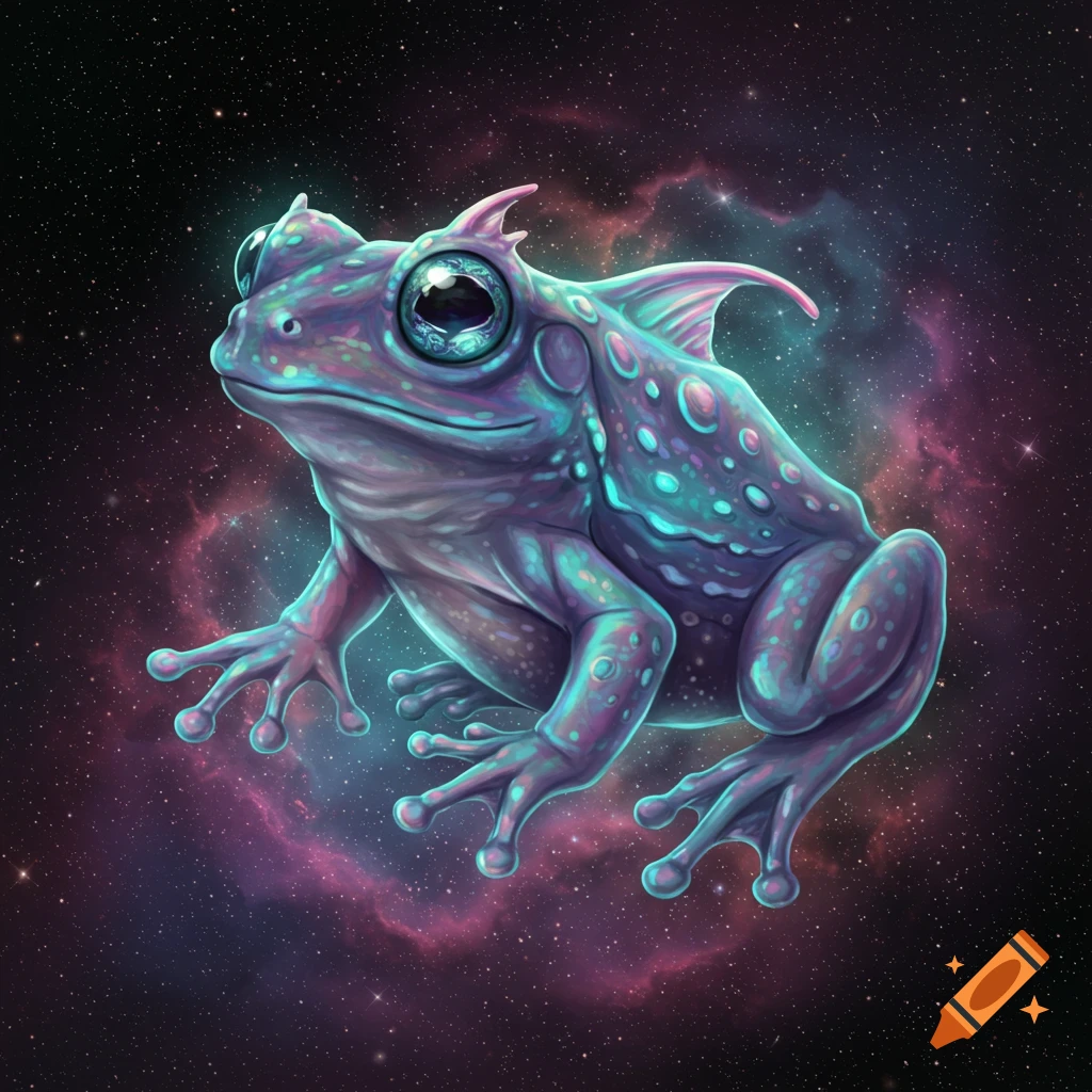 A fantasy-style frog floats in space with stars and a nebula.