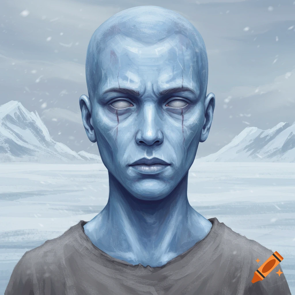A pale, gaunt person with white eyes stands in a snowy landscape.