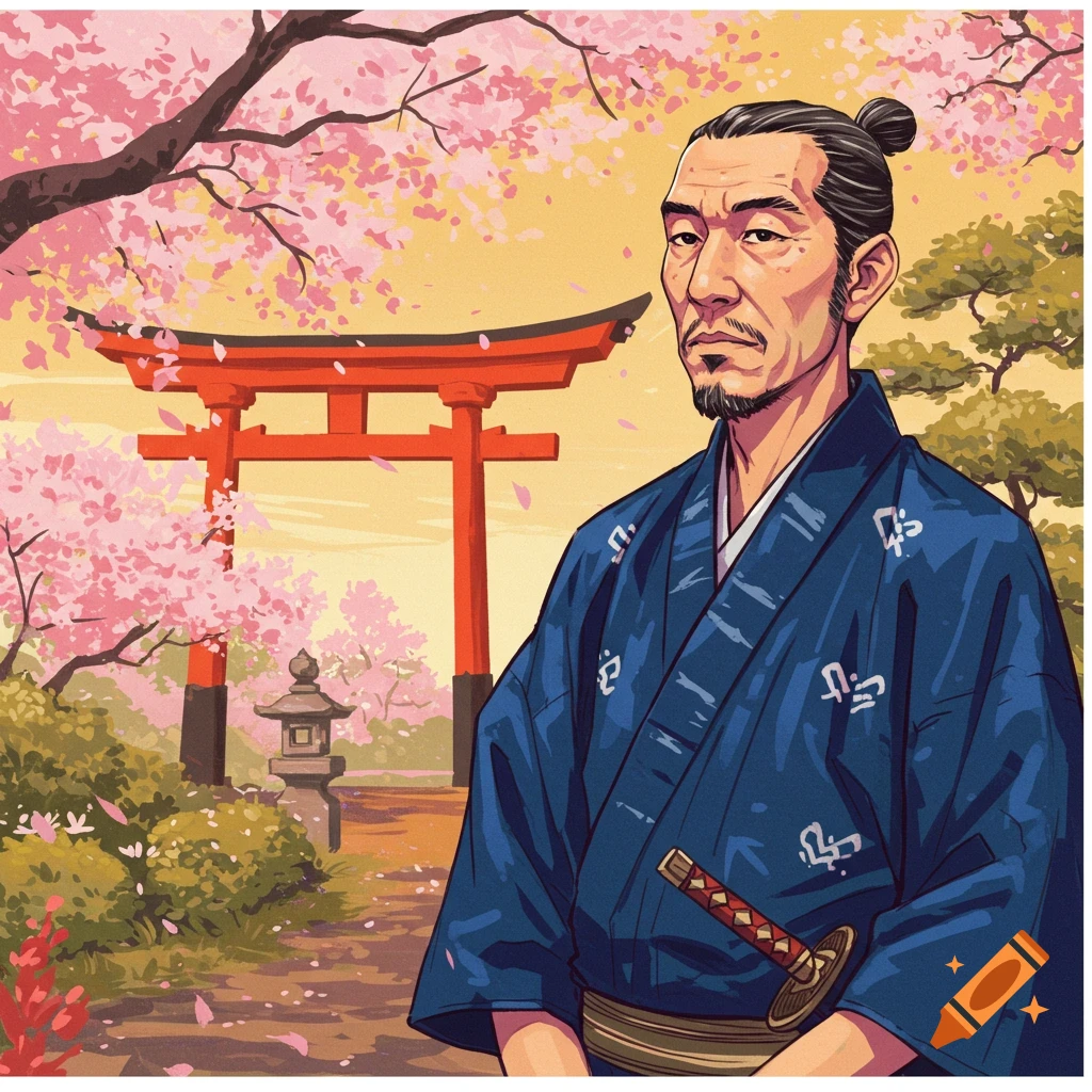 A Japanese man in traditional clothing with a sword is standing in a garden with cherry blossoms and a torii gate.