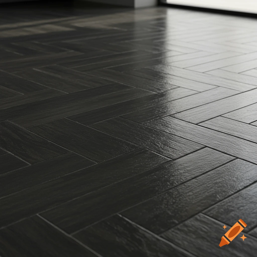 Close-up of dark, glossy herringbone floor tiles reflecting light.