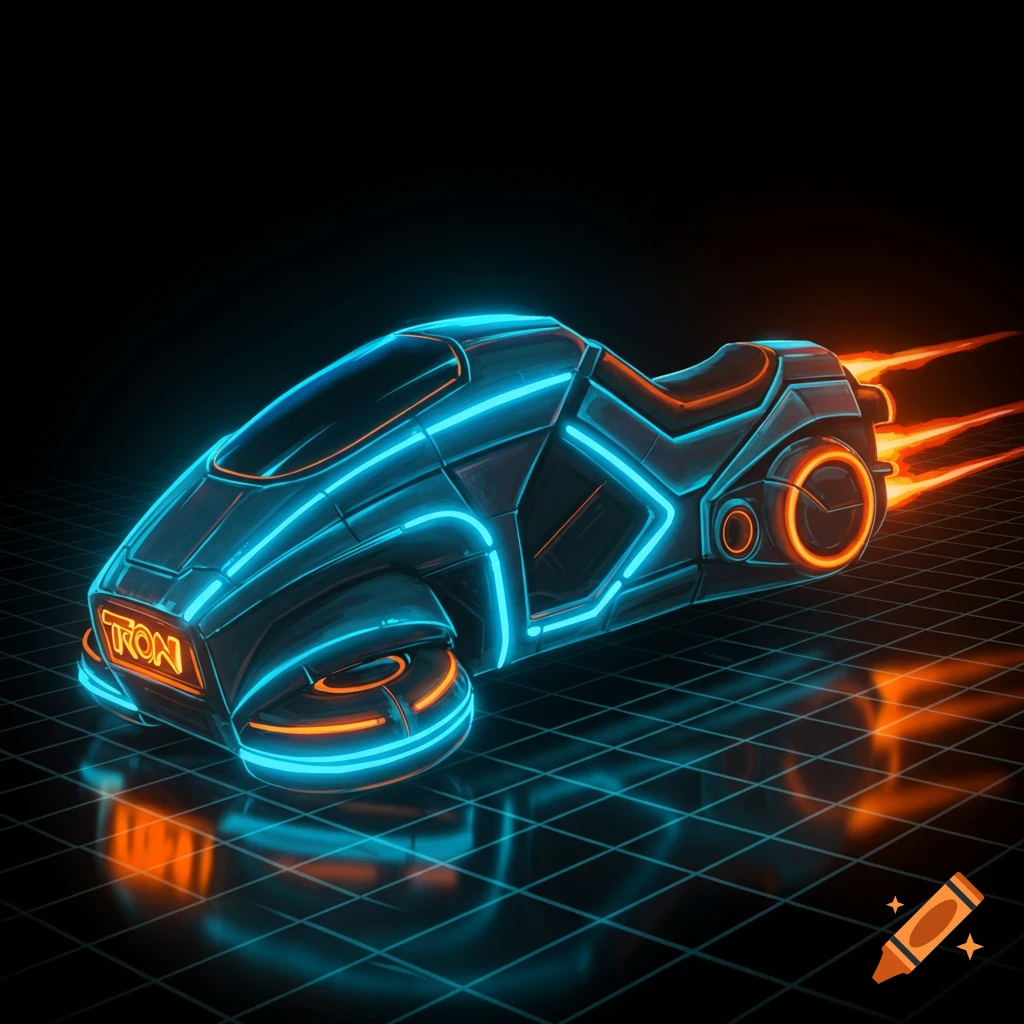A futuristic blue and orange glowing hover bike on a grid surface in the style of Tron.