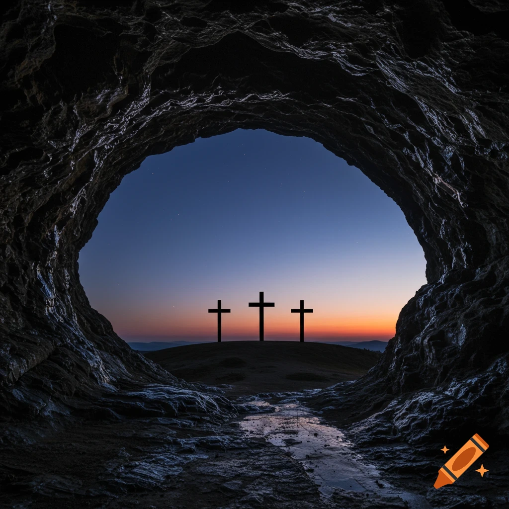 Three crosses silhouetted on a hill viewed from inside a cave opening at sunset.