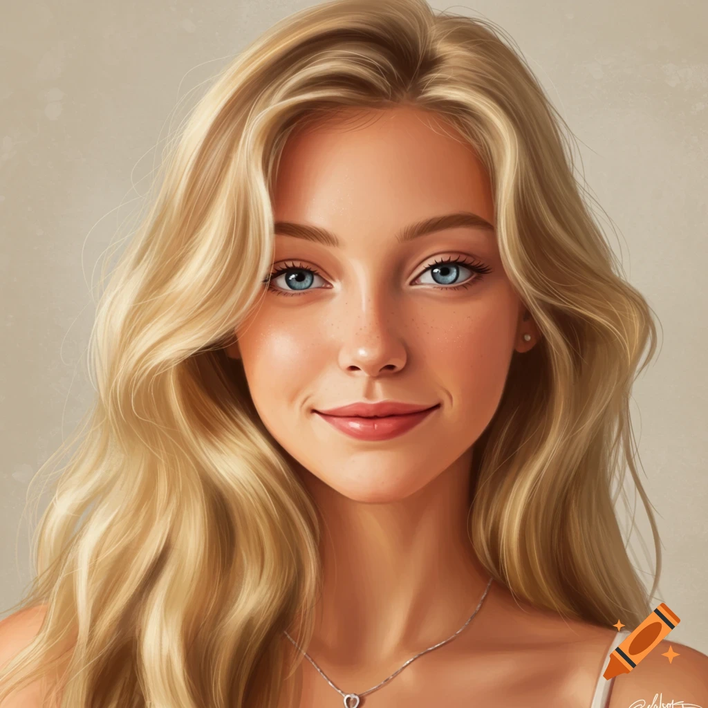 Portrait of a young woman with blonde hair and blue eyes smiling.