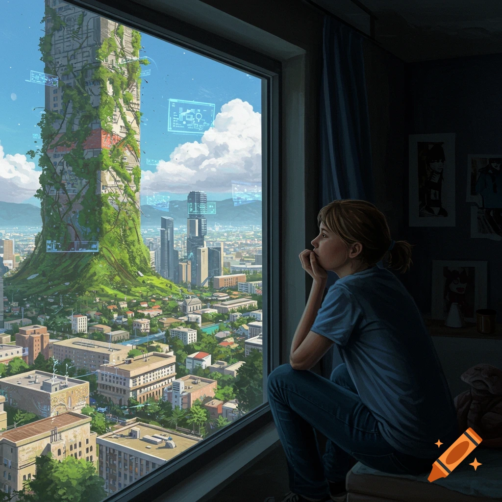 A person looks out a window at a futuristic city where a skyscraper is overgrown with nature.
