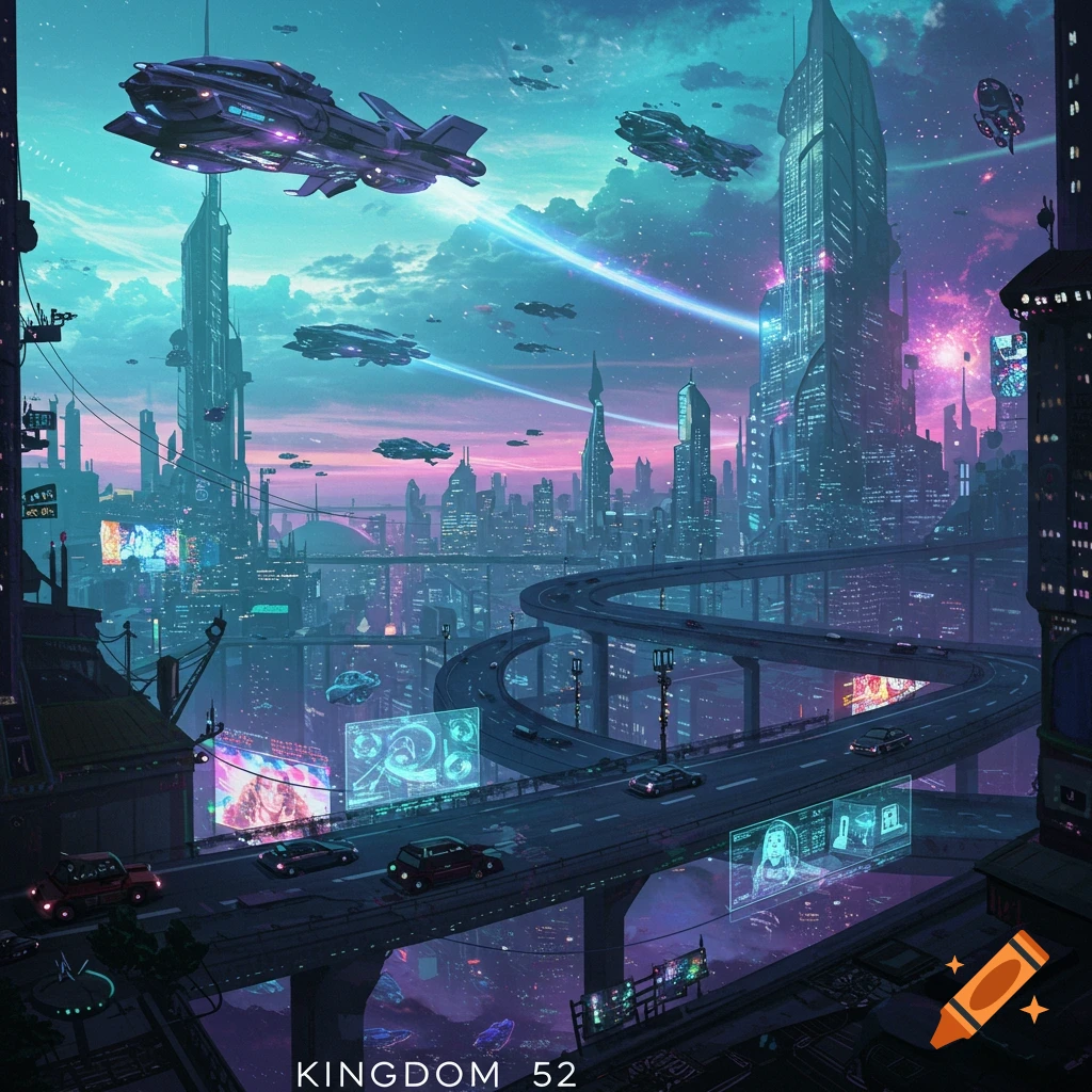 A futuristic city at twilight with flying vehicles, tall skyscrapers, and elevated highways.