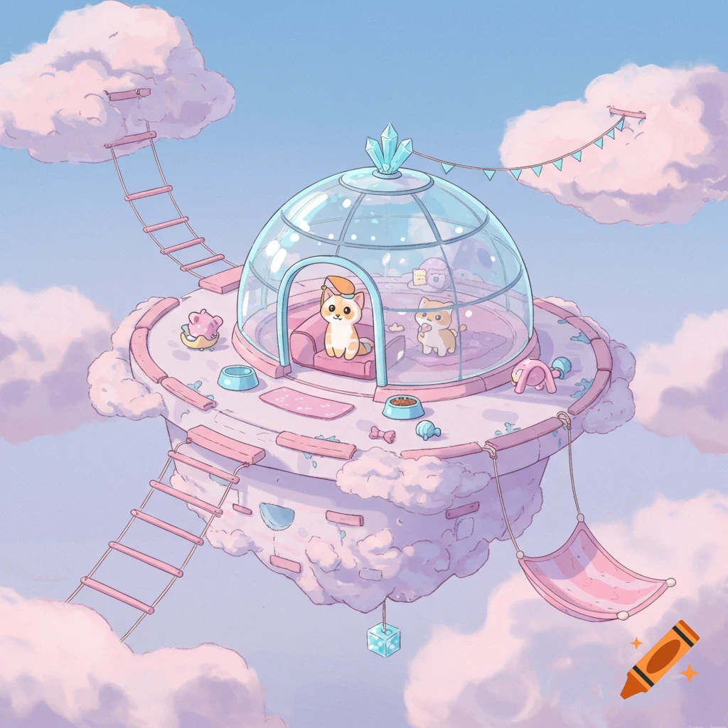 Cute cartoon cats on a pink and glass floating platform among pink clouds in a whimsical style.