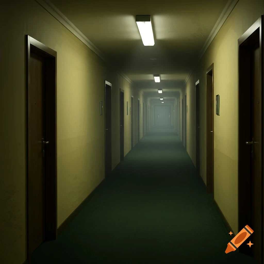 A long, dimly lit hotel hallway with many doors and a green carpet, creating a liminal space feeling.