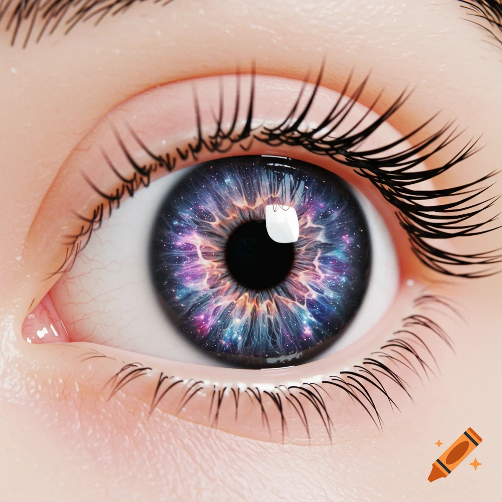 A photorealistic macro shot of an eye with a galaxy pattern in the iris.
