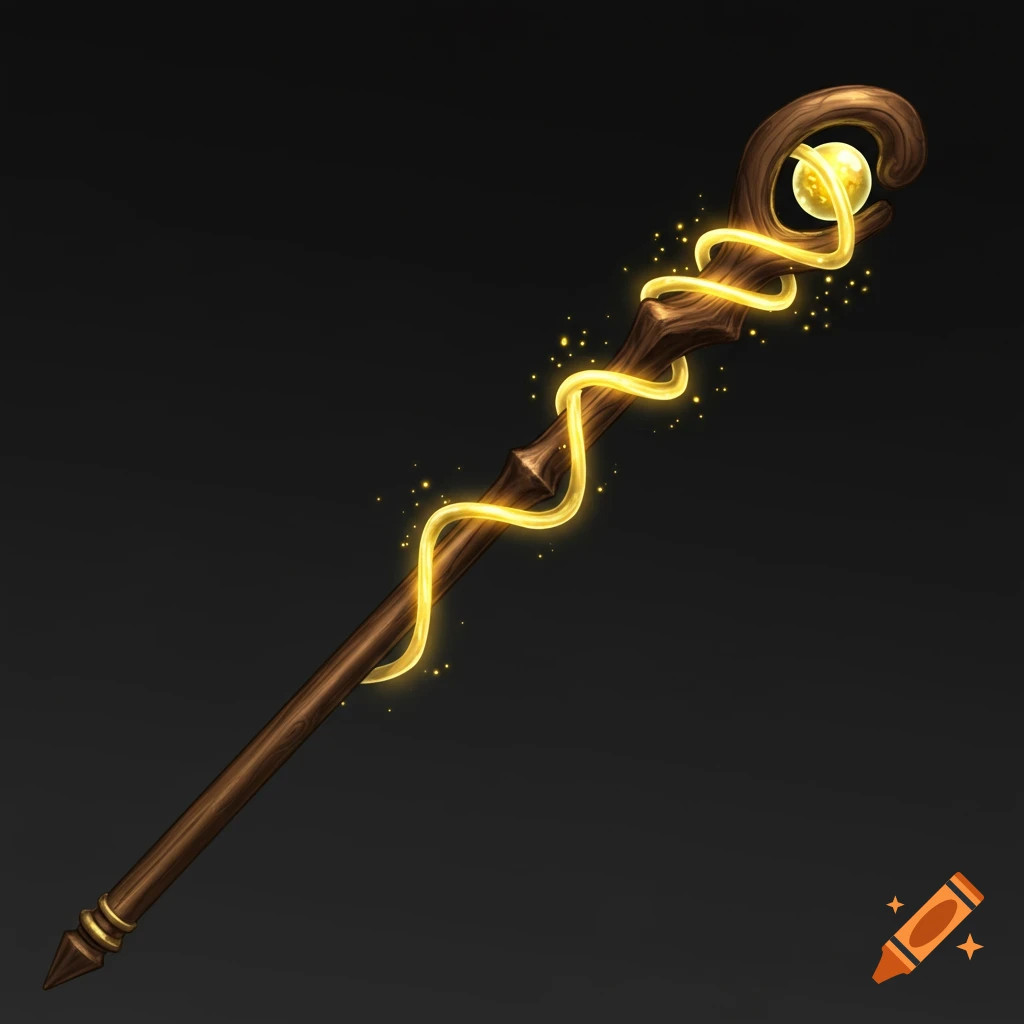 A detailed illustration of a polished wooden staff wrapped with glowing golden magic threads on a dark background.