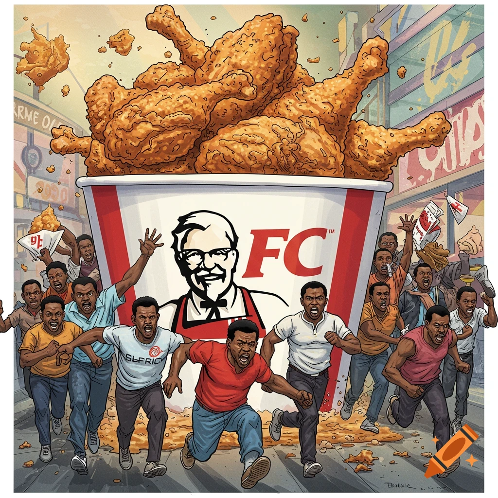 A street scene with Black men running towards a giant bucket of fried chicken.