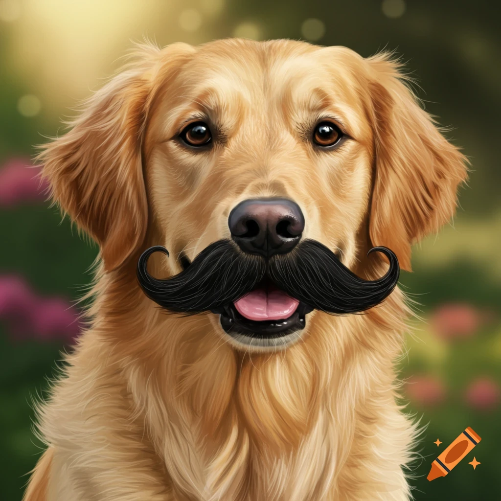 A golden retriever dog wearing a large black mustache in a park.