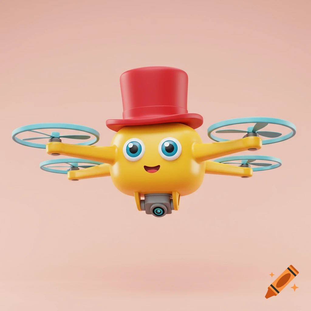 A cute yellow cartoon drone with a face and a red top hat