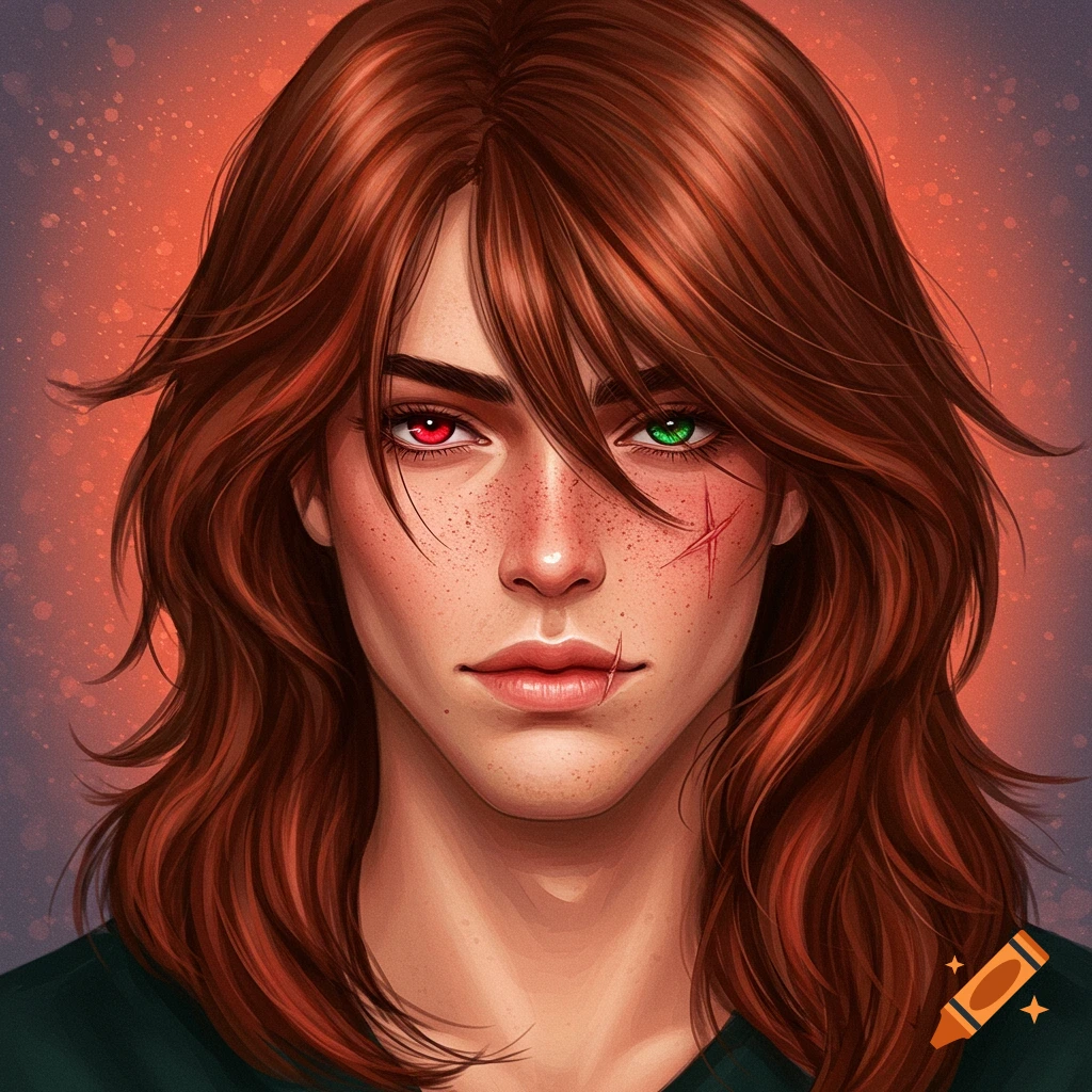 A man with red hair, red and green heterochromia eyes, freckles, and scars on his cheek and mouth.