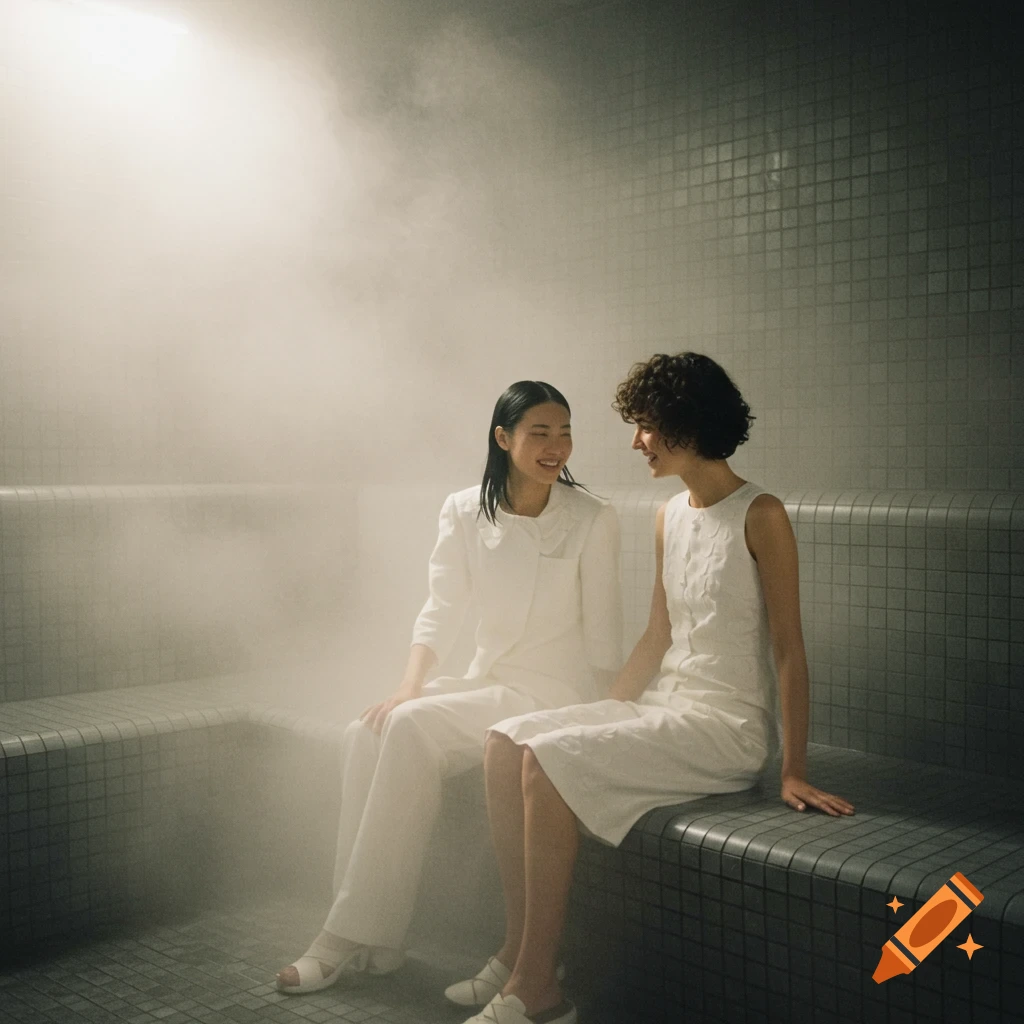 Two women in white clothes chat in a steamy tiled room