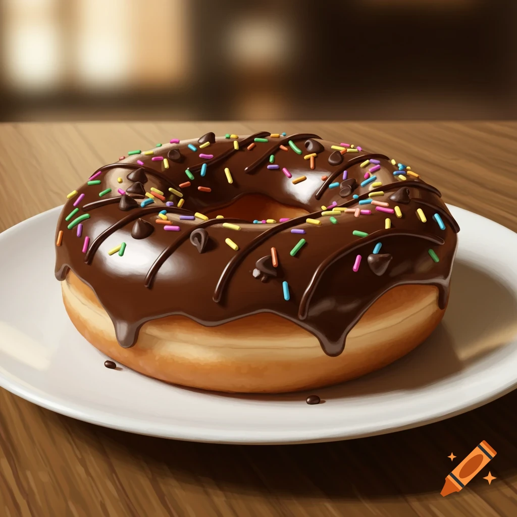 A chocolate donut with colorful sprinkles is on a white plate.