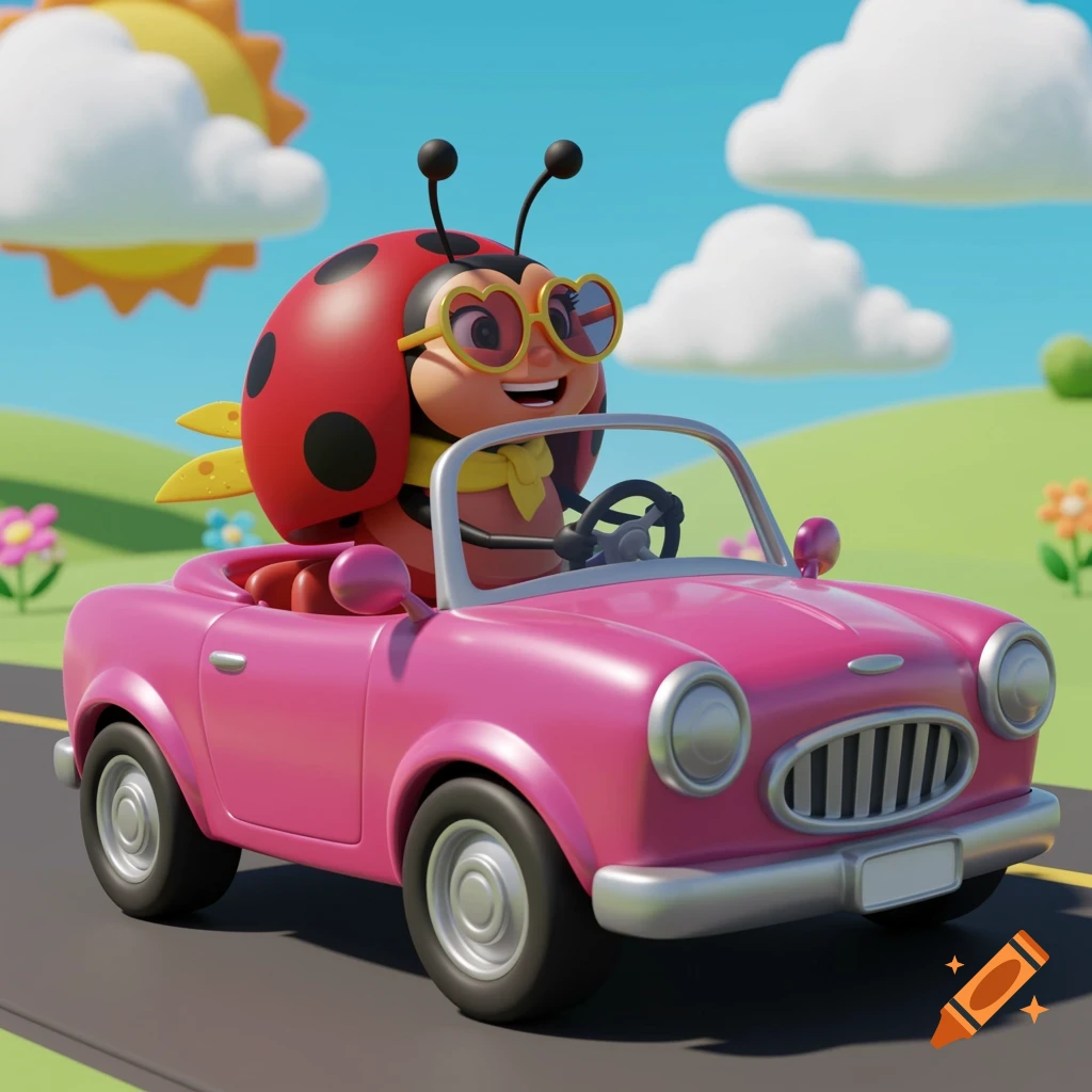 A cartoon ladybug in sunglasses and scarf drives a pink convertible through a sunny landscape with clouds and flowers.