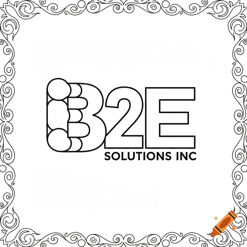 Black and white line drawing of a logo with text B2E SOLUTIONS INC inside a decorative border, styled as a coloring page.