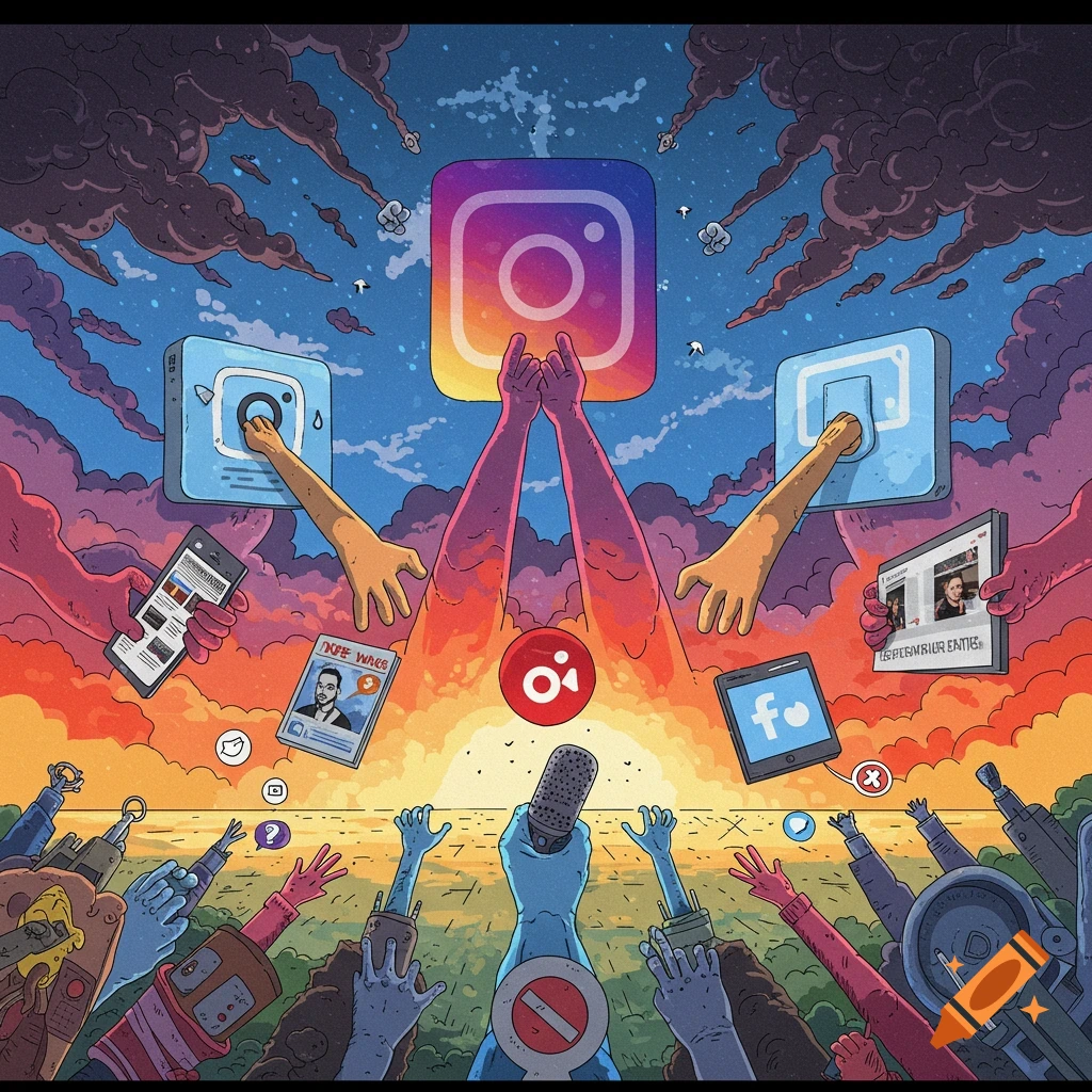 Colorful digital illustration of hands holding up social media logos like Instagram, interacting with phones and tablets, and a crowd below with microphones and signs under a cloudy sunset sky.