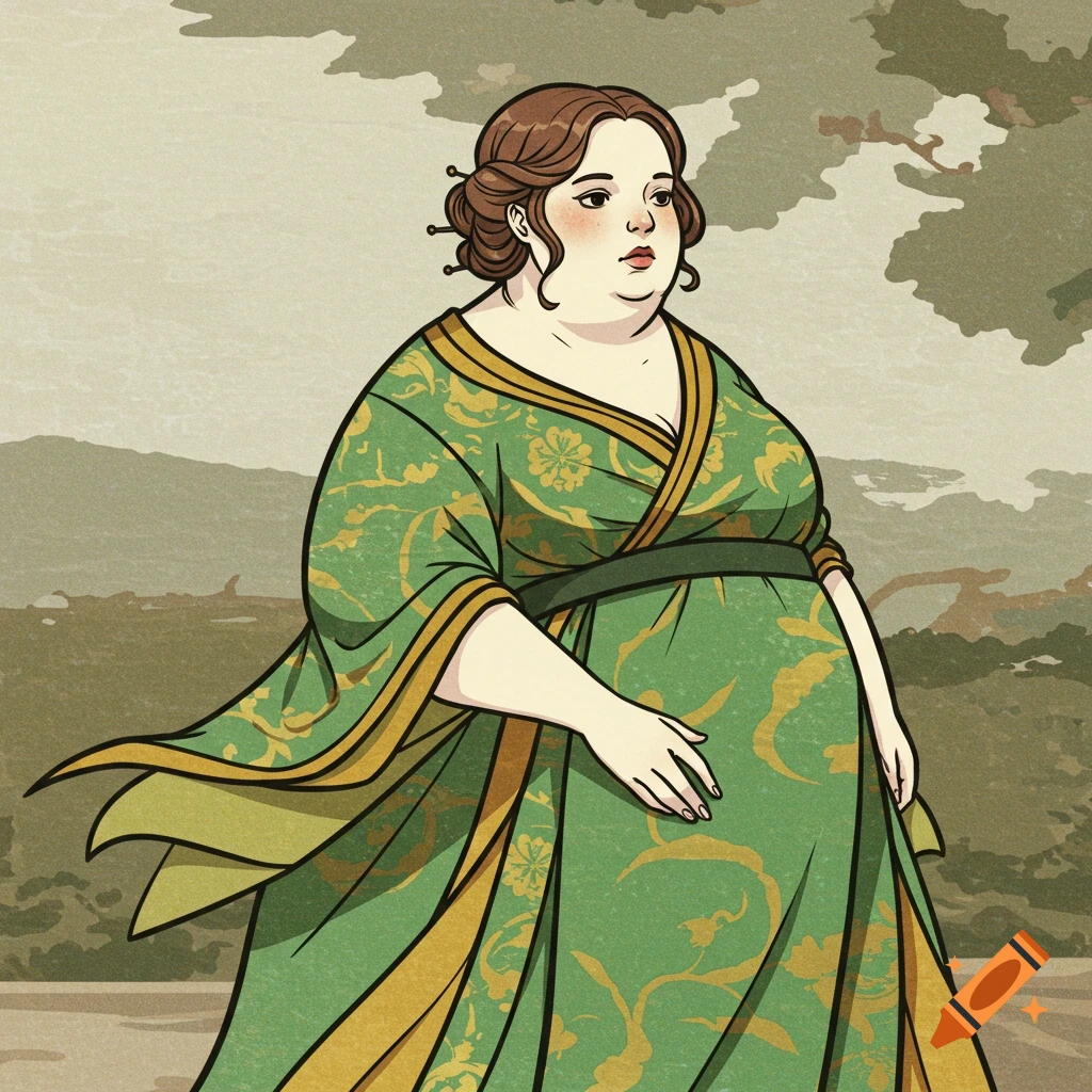 A pale woman in a green and gold dress in woodblock print style.