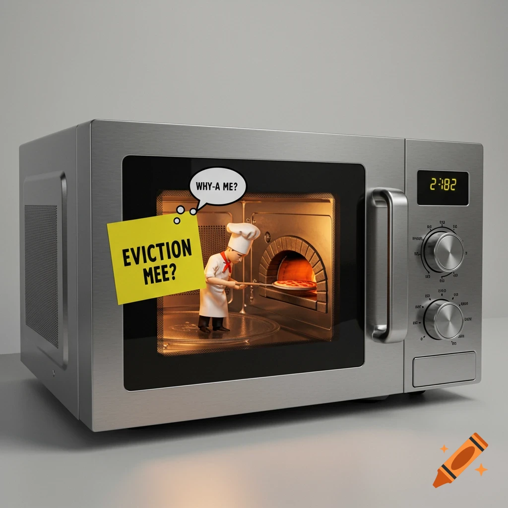 A small chef inside a microwave makes a pizza in a brick oven, with a sticky note on the door saying 'Eviction Mee?' and a speech bubble saying 'Why-a me?'
