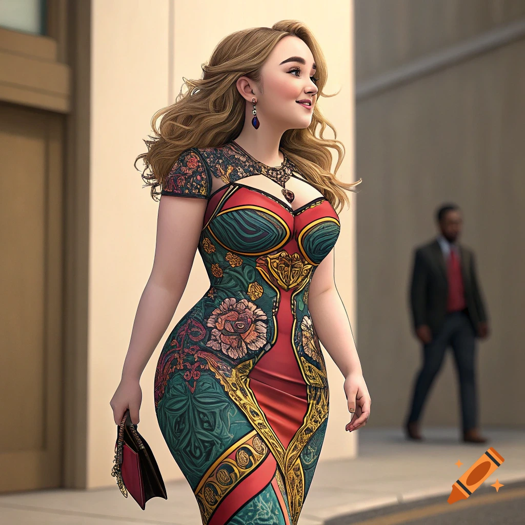 A woman in a colorful patterned dress walks on a city street.
