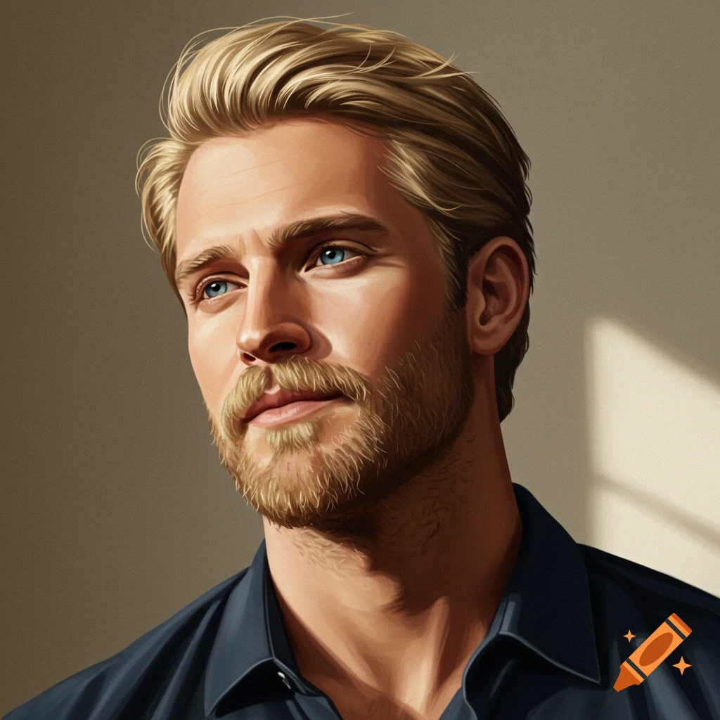 A handsome blonde man with a beard is looking to the side