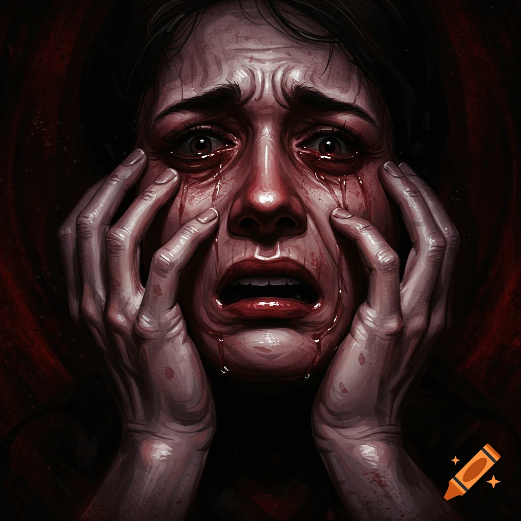 A woman crying with bloody tears, hands on her face, against a dark red background.