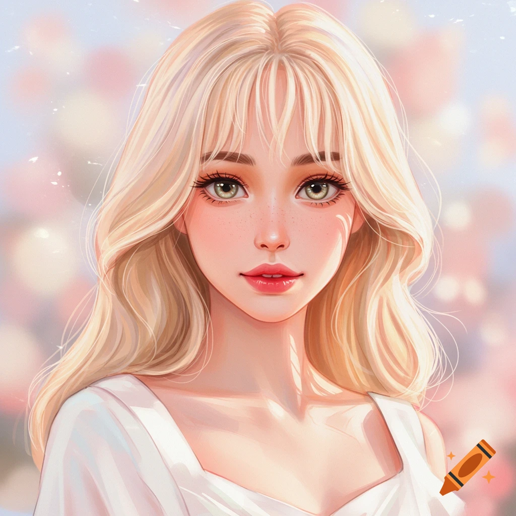 Stylized image of a young woman with blonde hair and freckles looking forward.