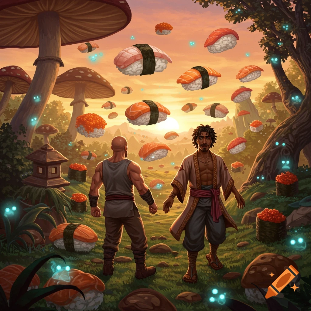Two people standing in a fantasy forest filled with giant mushrooms and levitating sushi.