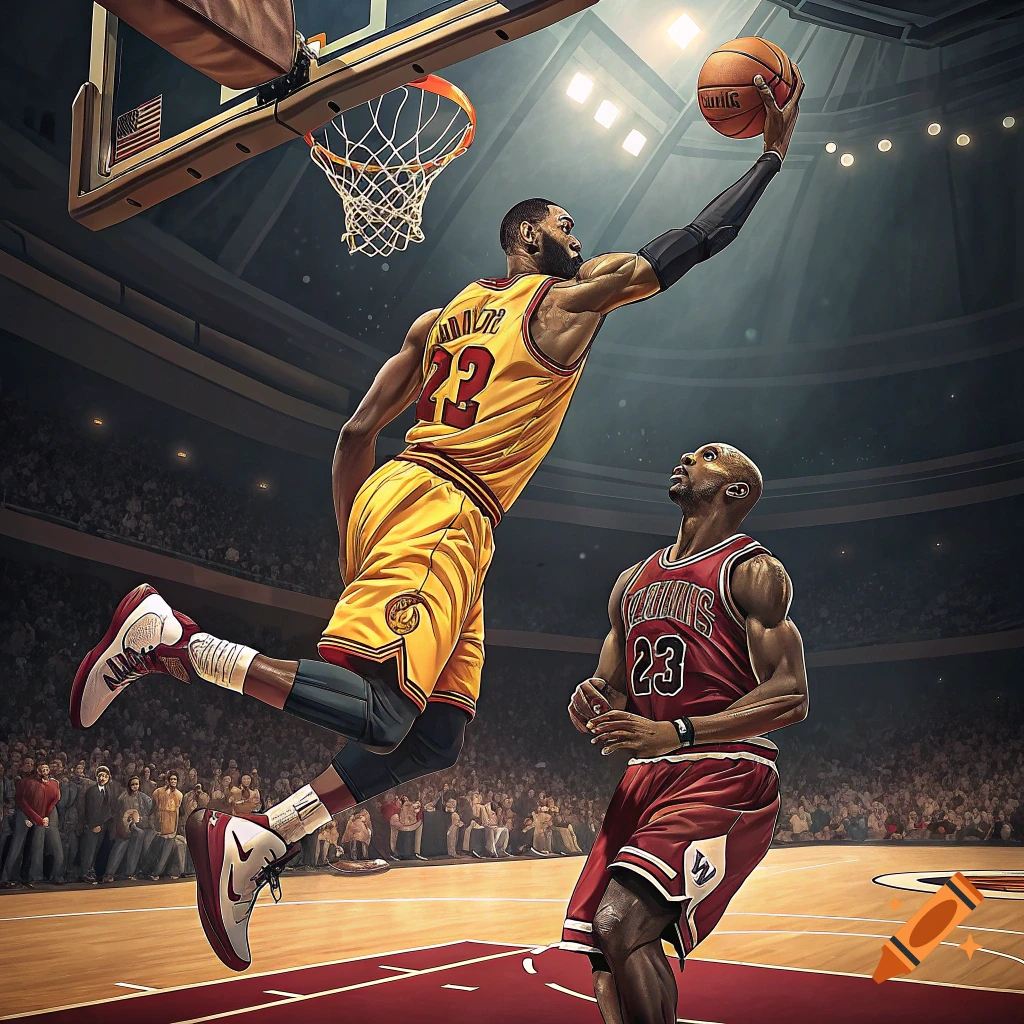 Two basketball players, one in yellow dunking over one in red, during a game in a crowded arena.