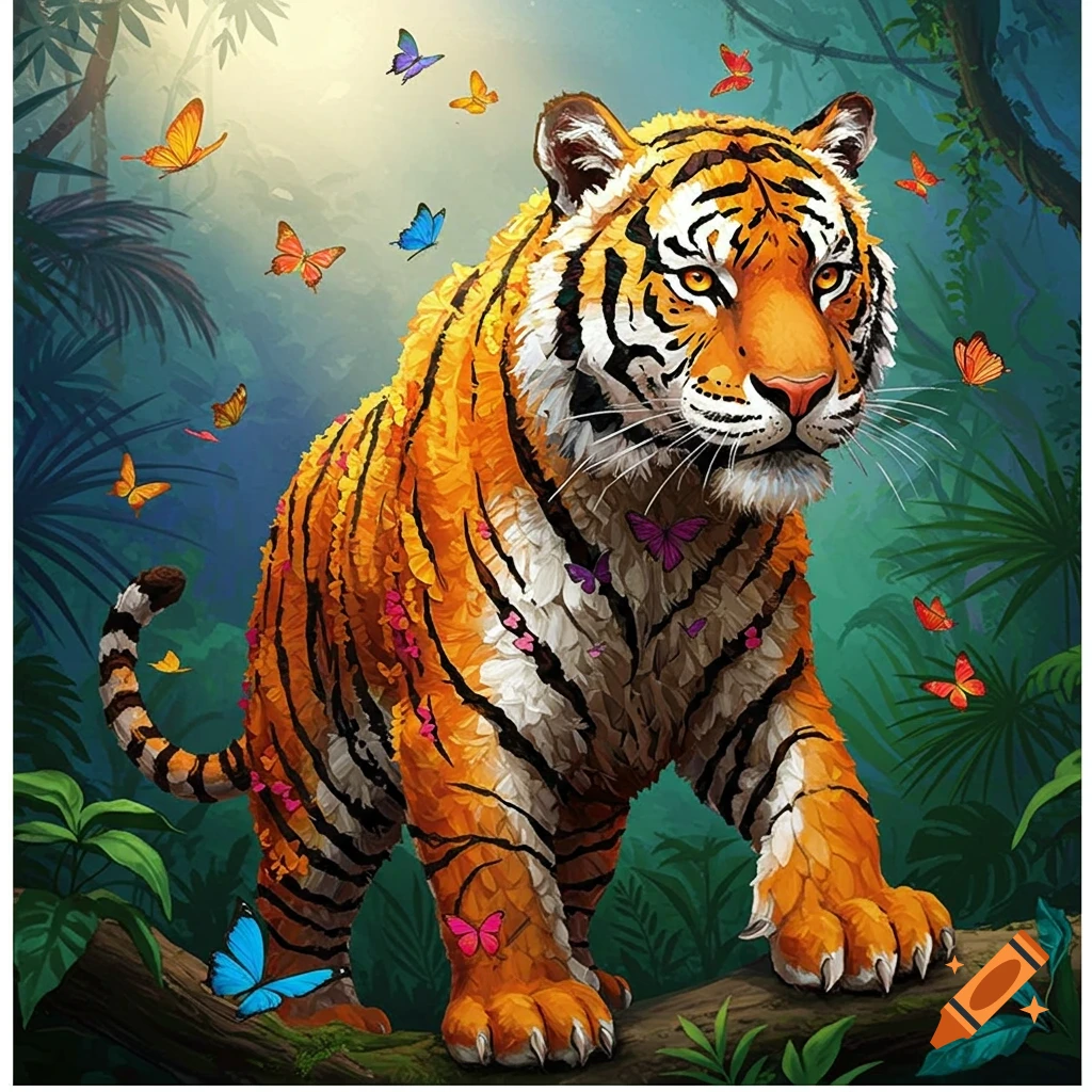 A tiger made of butterflies is in a jungle.