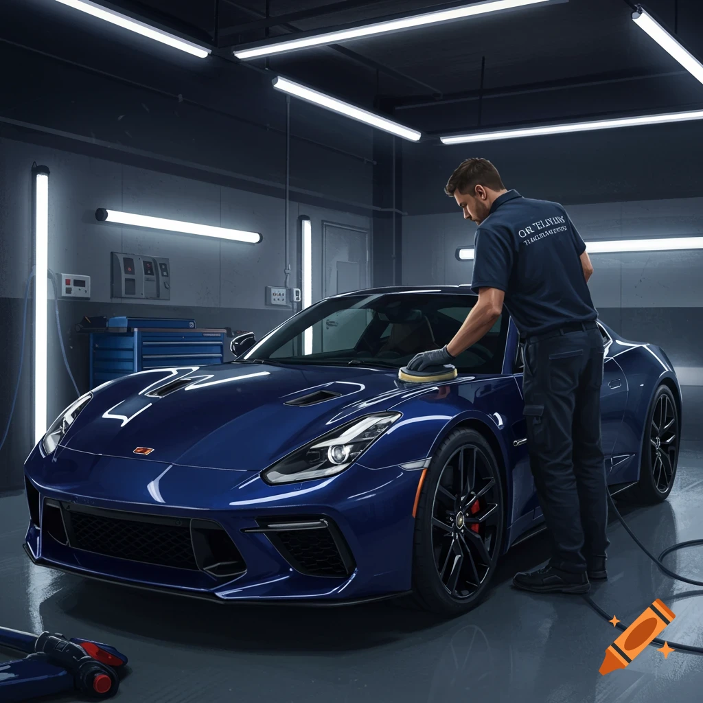 A man details a blue sports car in a garage.