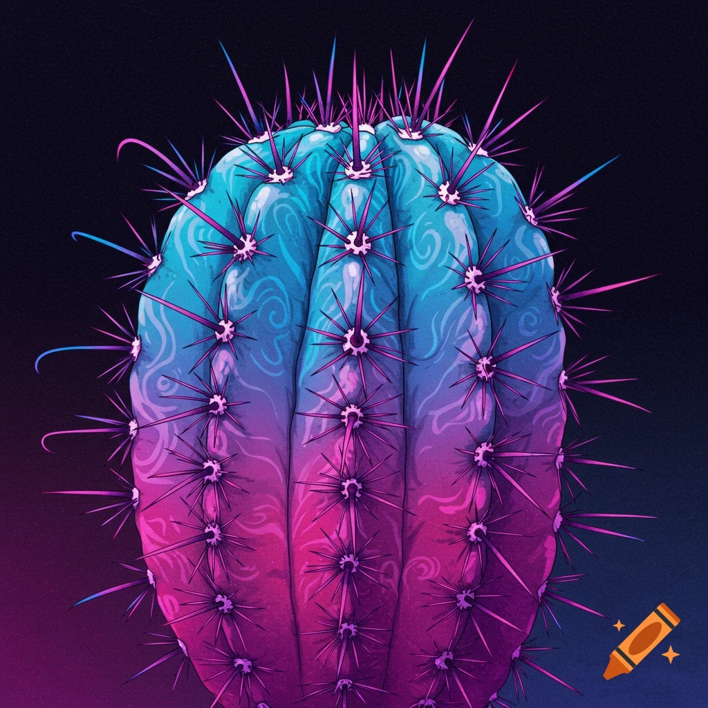 A stylized cactus with blue and pink gradient and intense purple spikes against a dark background.