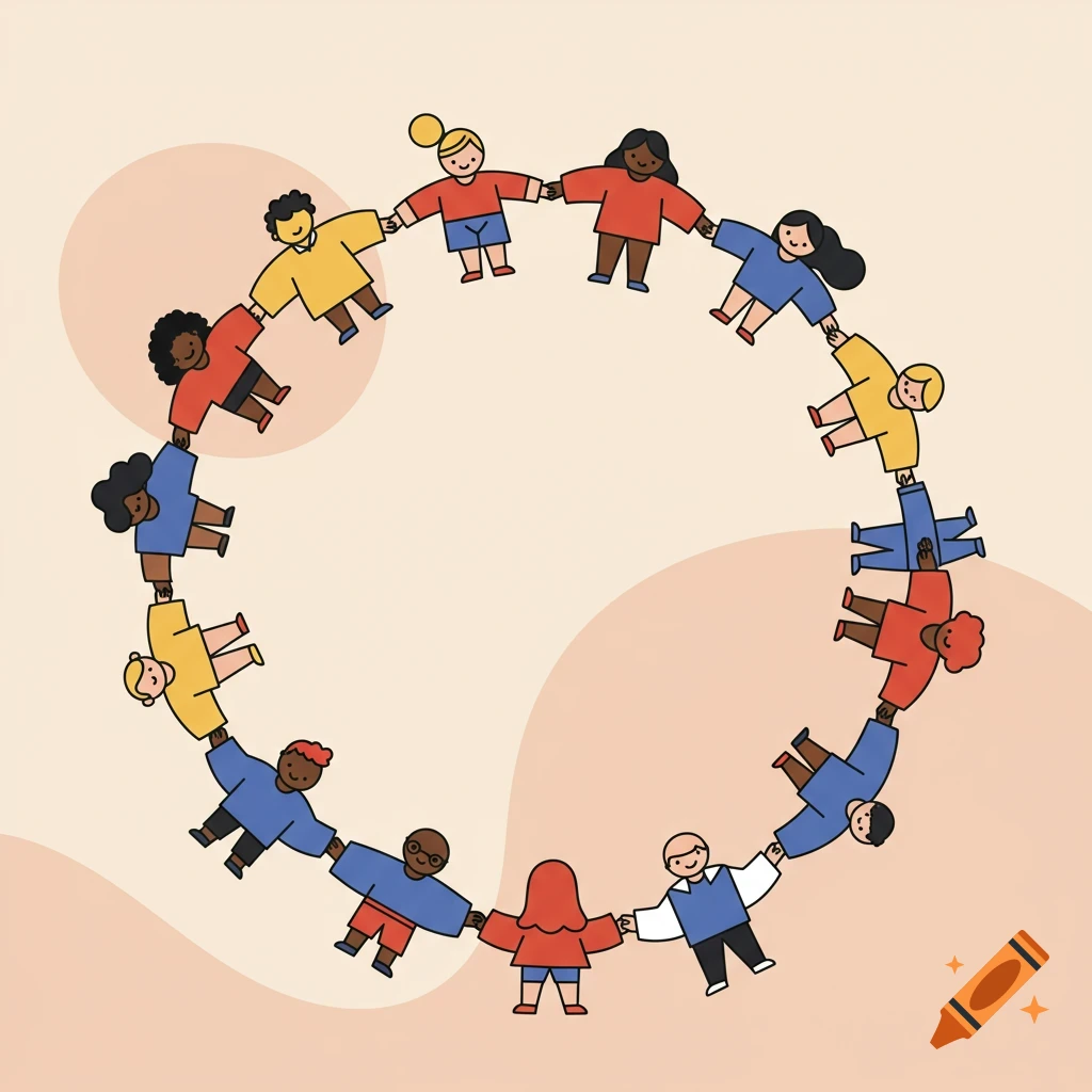 A diverse group of cartoon people holding hands in a circle.