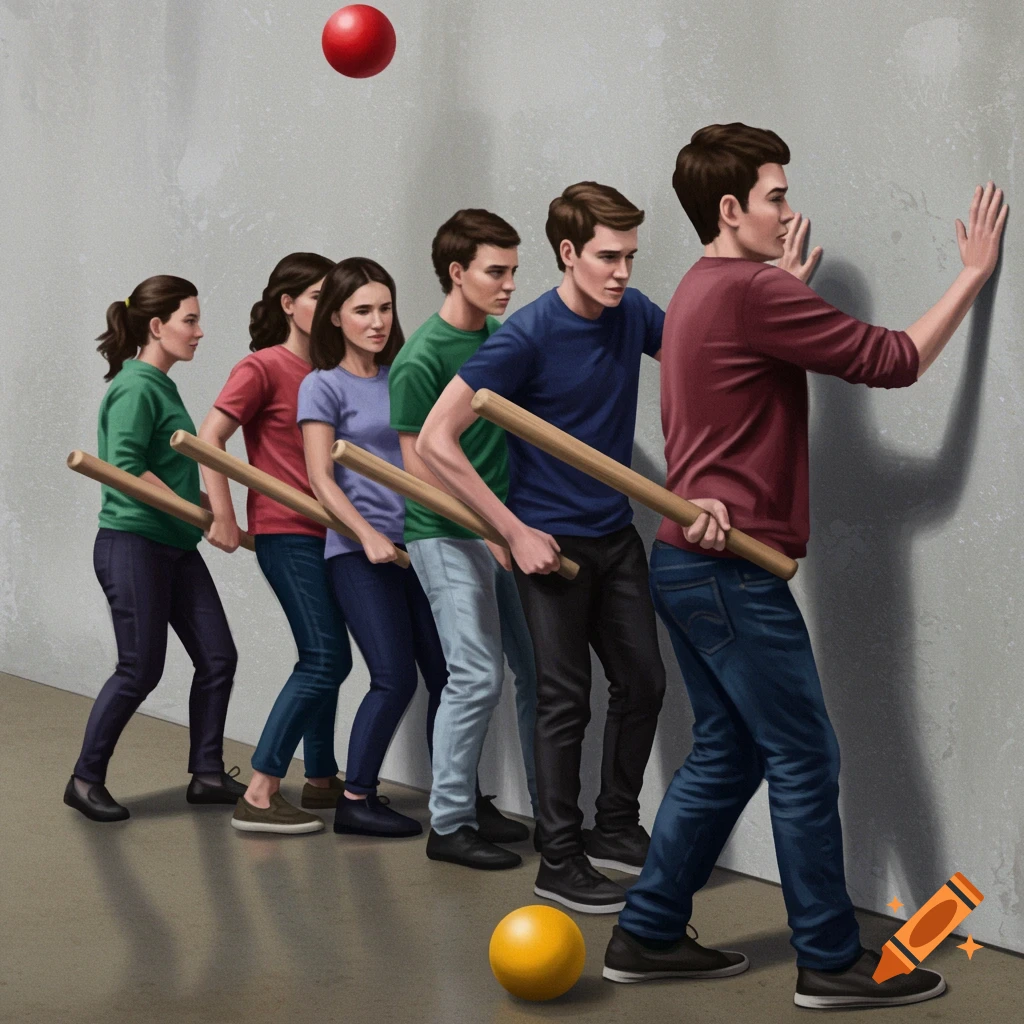 People in a line holding sticks play a ball game against a wall