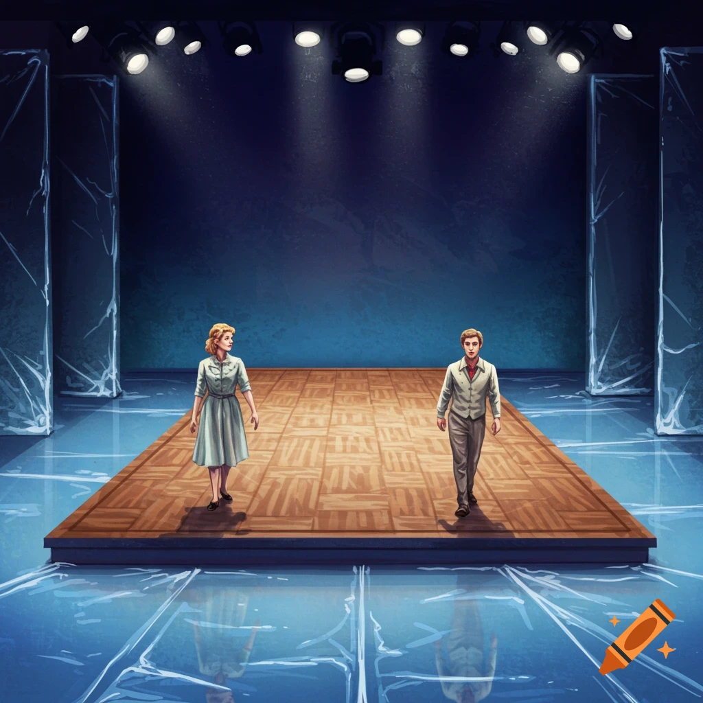 A man and woman are on a stage with a patterned wooden platform surrounded by ice-blue flooring.