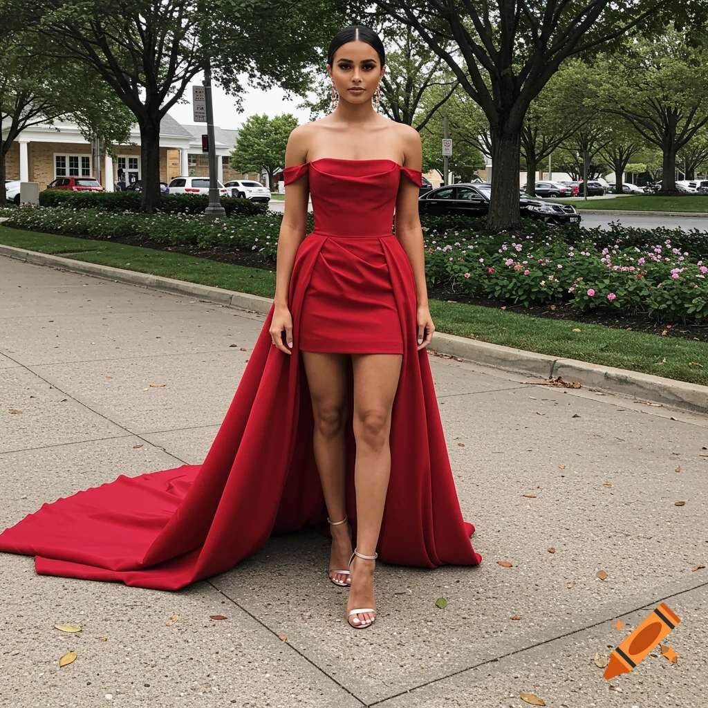 A woman in a red mini-dress with a long train poses outdoors.