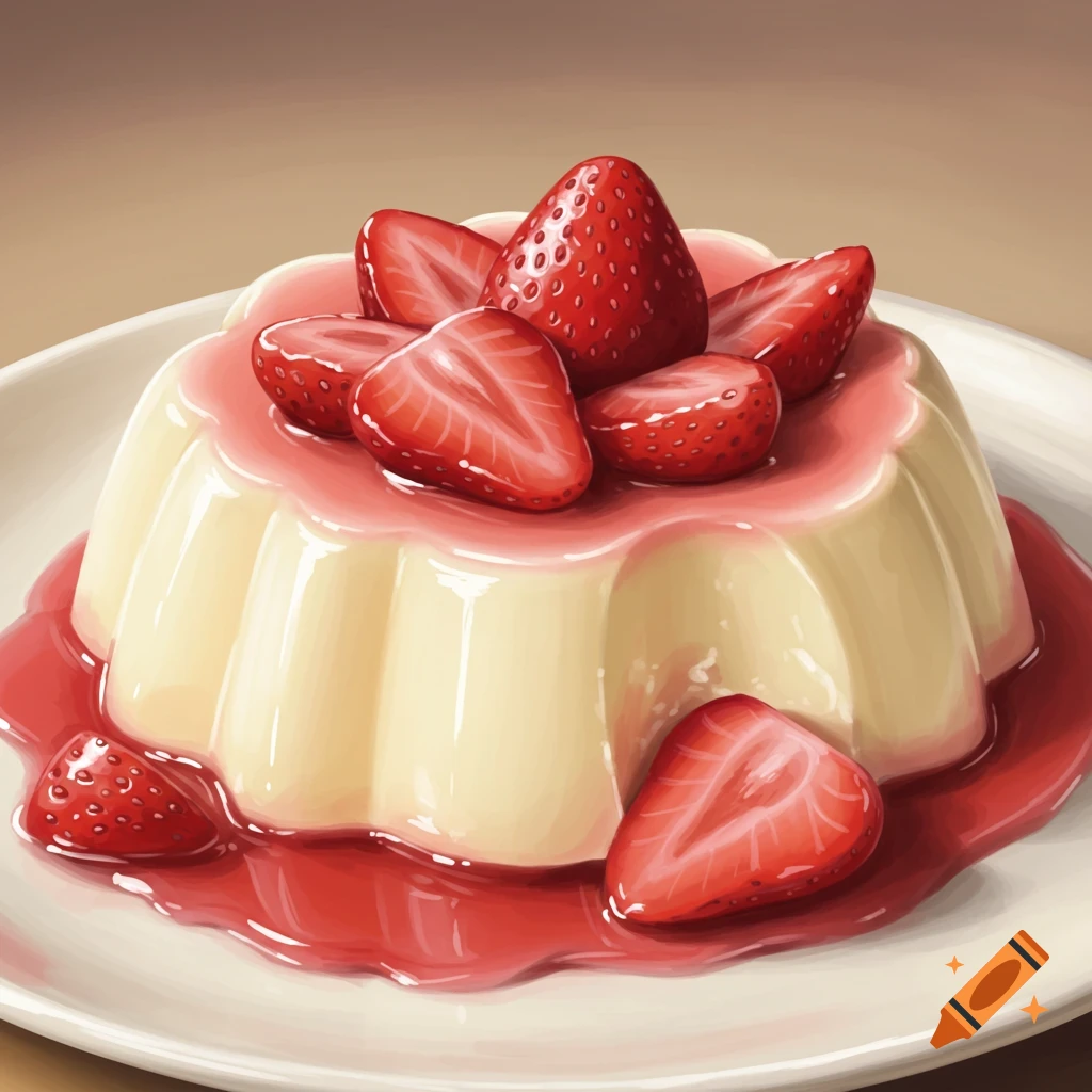 A dessert topped with strawberries and red sauce.