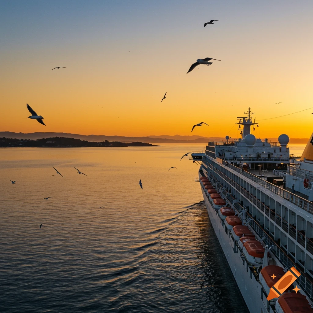 Cruise ship on the water at sunset with seagulls flying