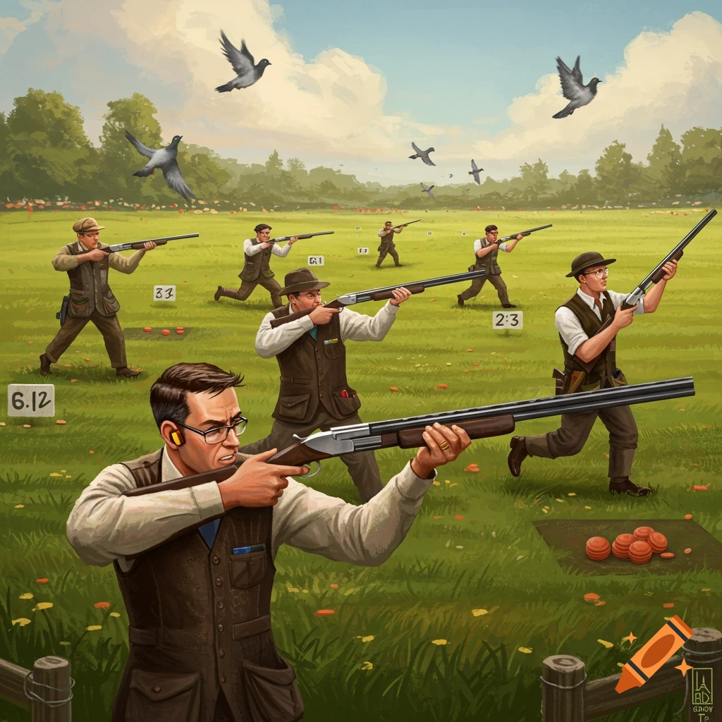 Men shooting shotguns at flying targets in a field.